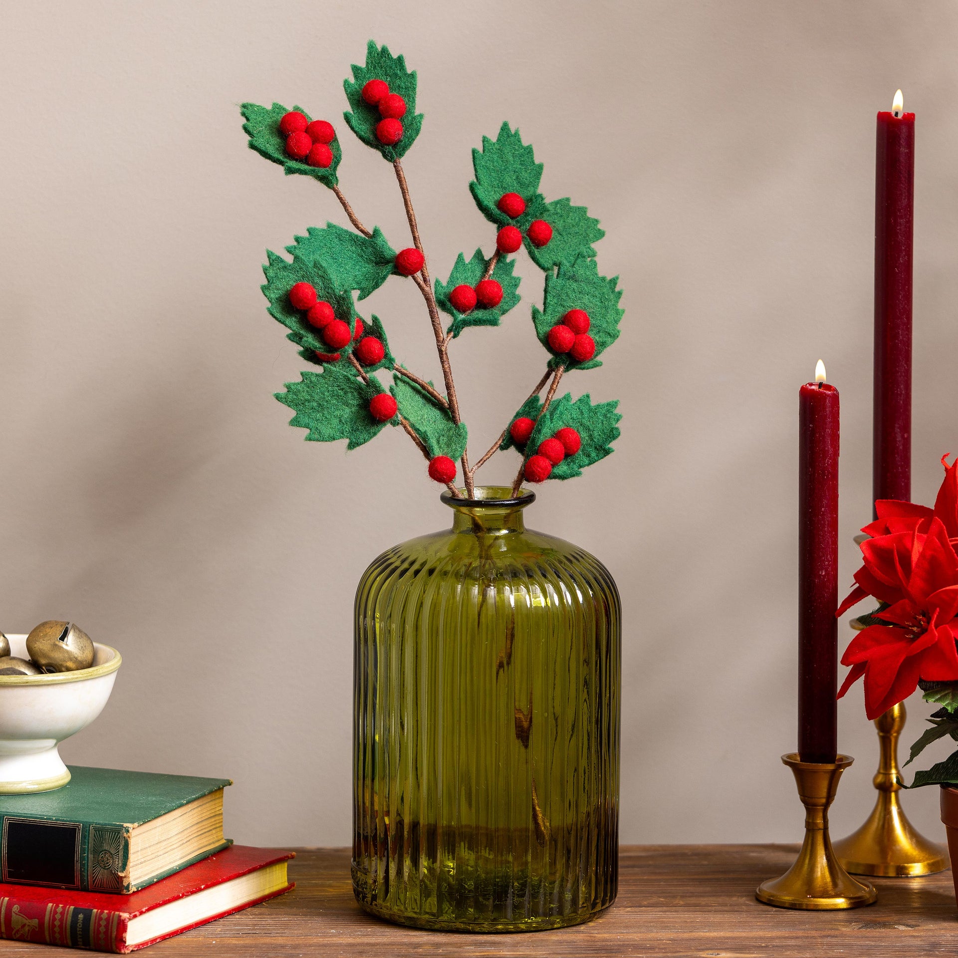 Holly and Berries Fabric Branch