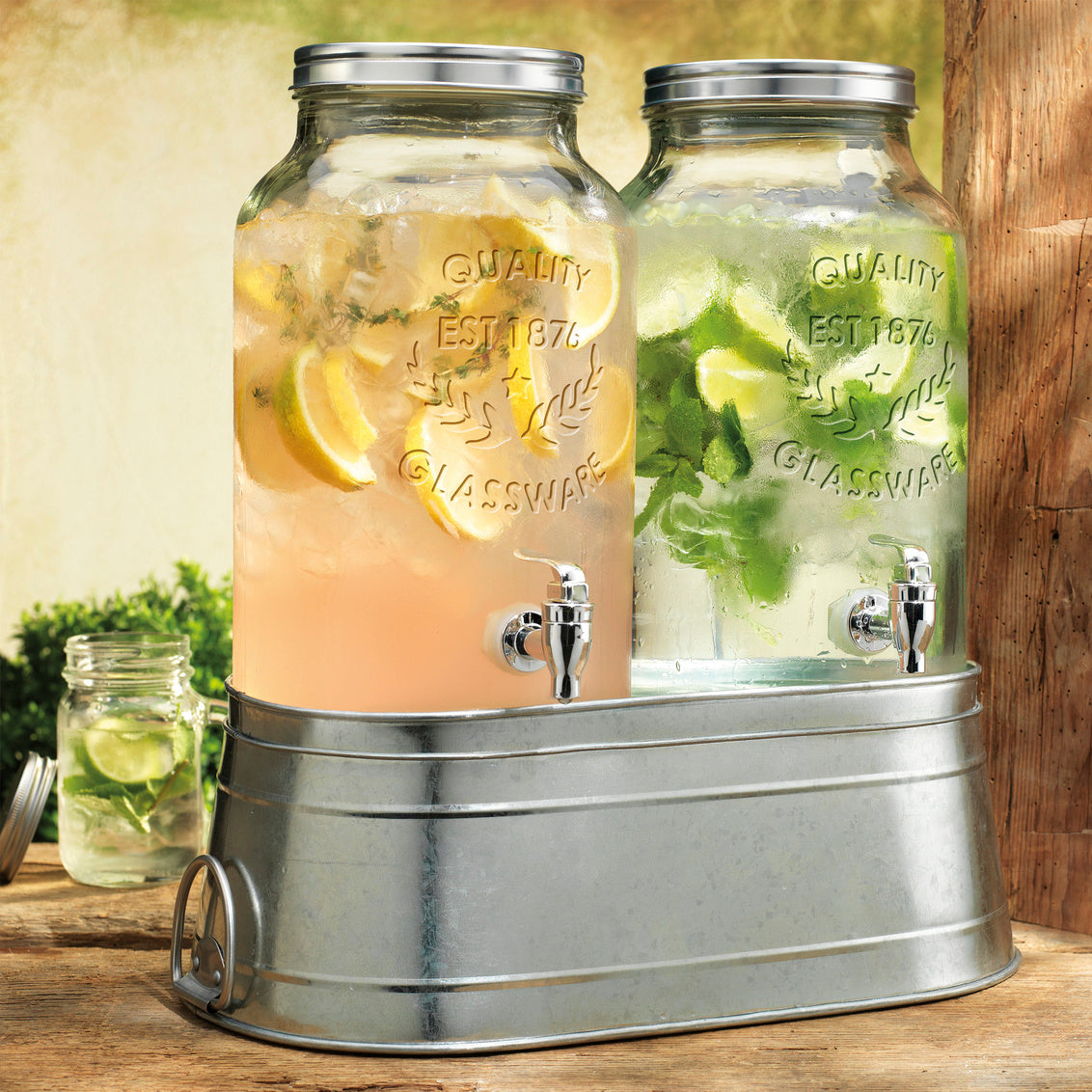 Twin Mason Jar 1.5 Gallon Drink Dispensers on Galvanized Base