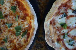 Side-by-side comparison of pizza baked in a home oven versus an outdoor pizza oven
