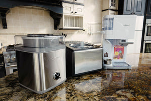 Three types of home ice cream makers—a frozen bowl model, compressor machine, and soft serve maker—displayed side by side.