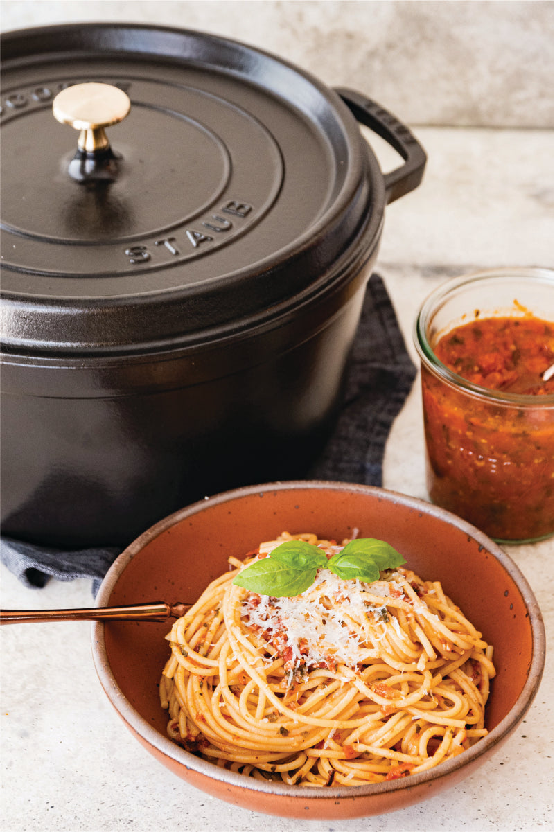 Sisterhood of the Traveling Pan- Tomato Sauce in the Staub with Daniela