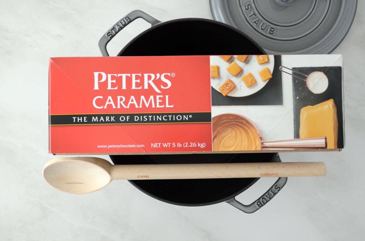 box of peter's caramel in a staub cocotte