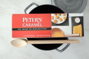 box of peter's caramel in a staub cocotte