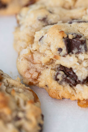 Levain Bakery Style Caramel Coconut Chocolate Chip Cookies with Si Foster