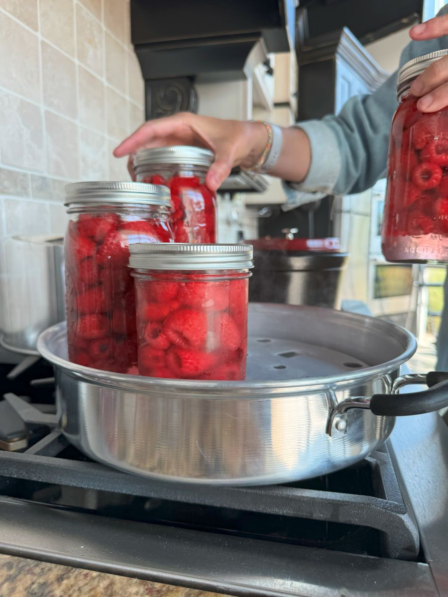 Person placing fresh canned raspberries in a steam canner on the stove