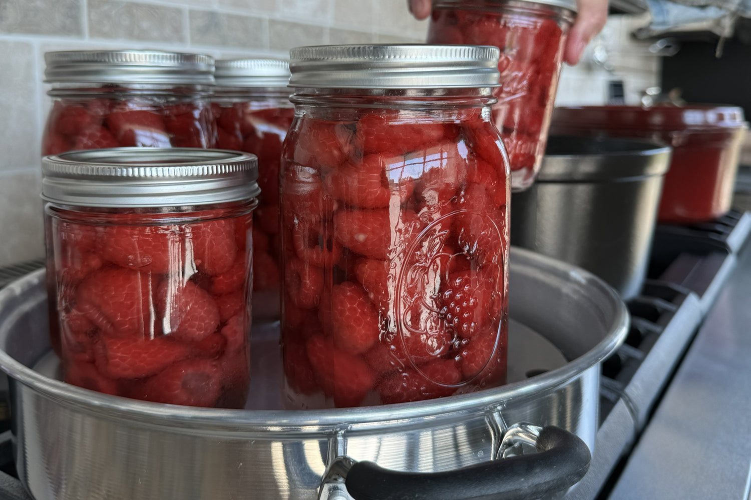 Home canner using a steam canner to preserve high-acid foods in glass jars 