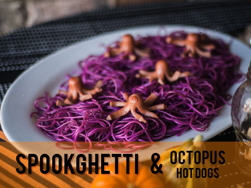 Halloween Spookghetti with Octopus Hot Dogs