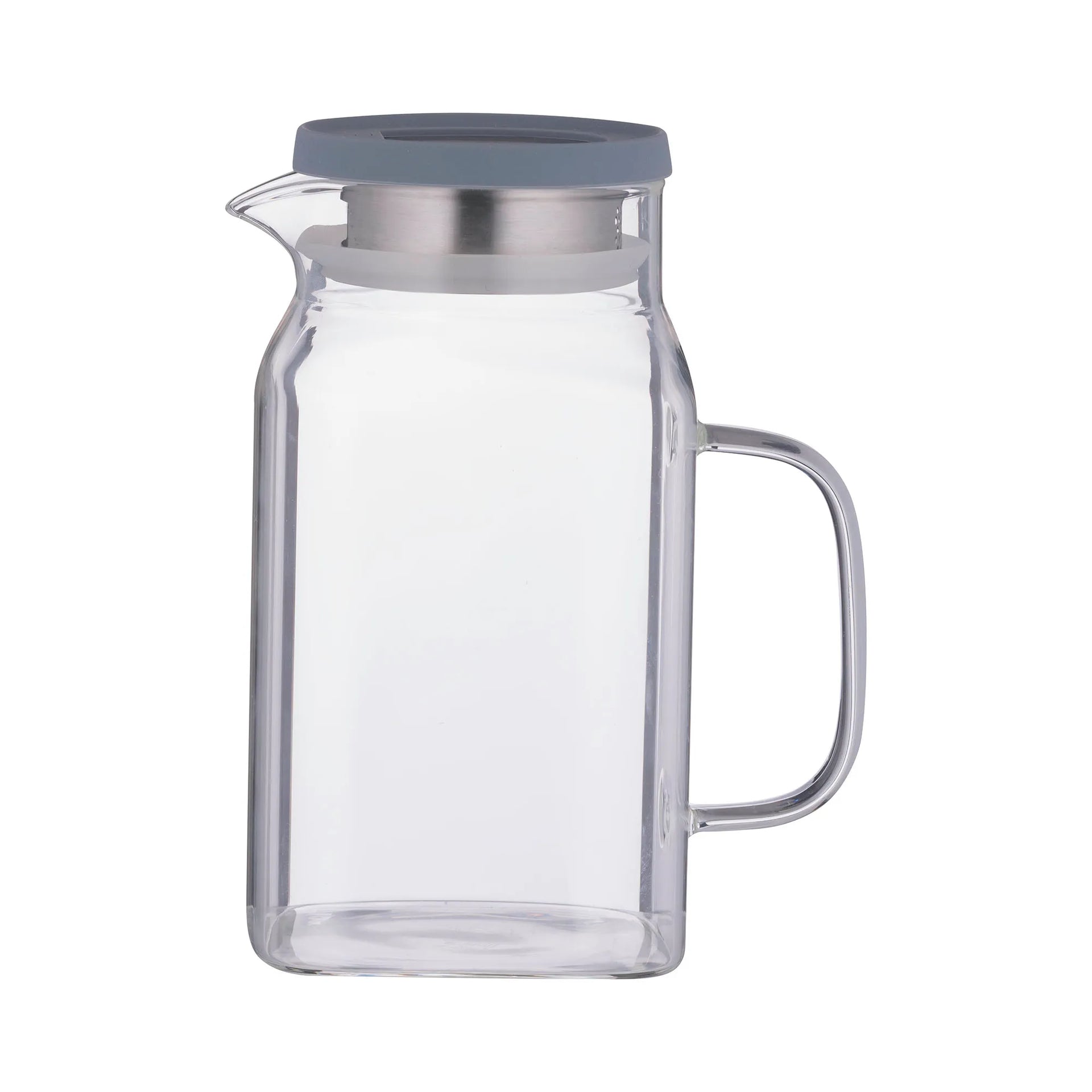 Clear glass pitcher with a gray lid on a white background