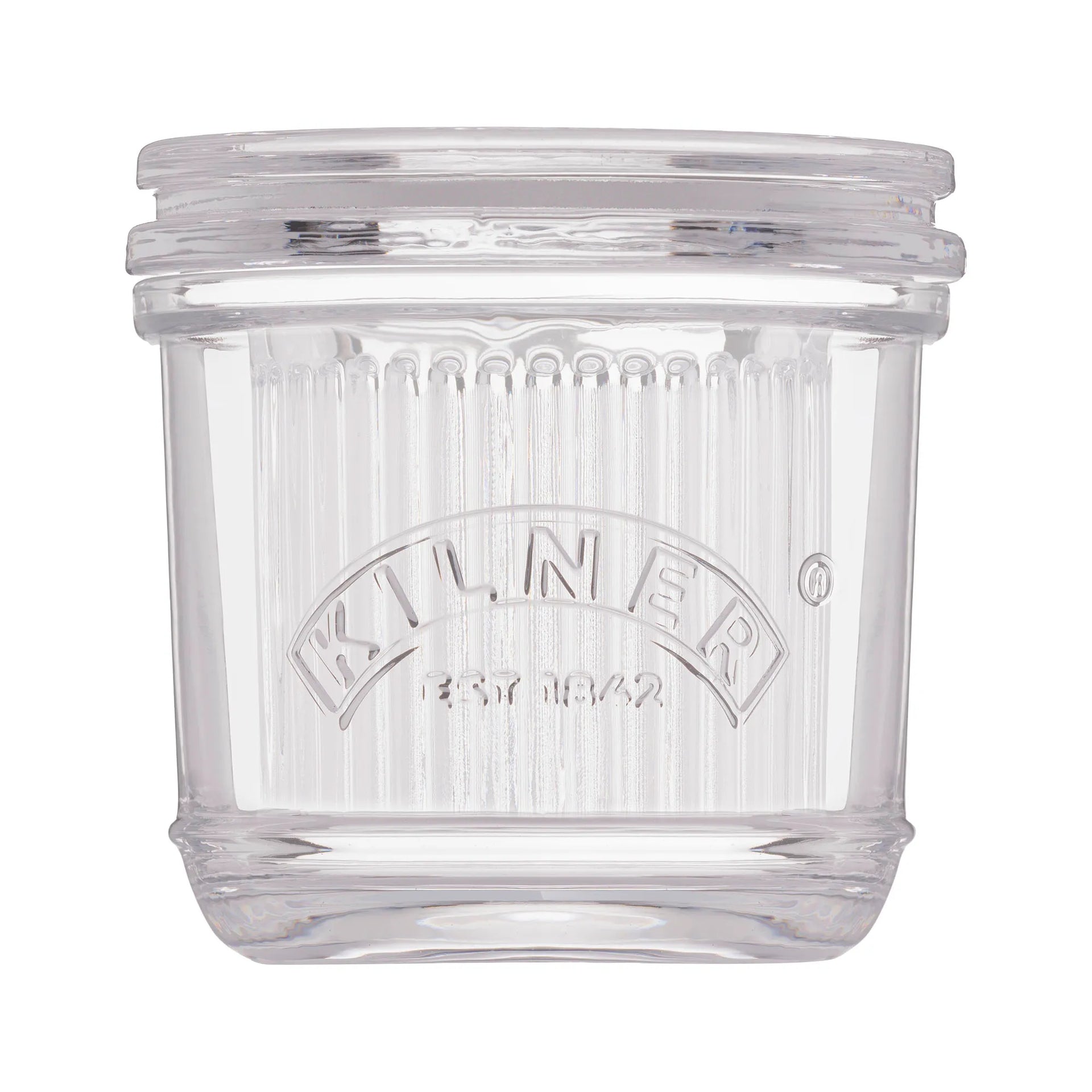 Clear glass jar with ribbed design and 'Kilner' branding on a white background