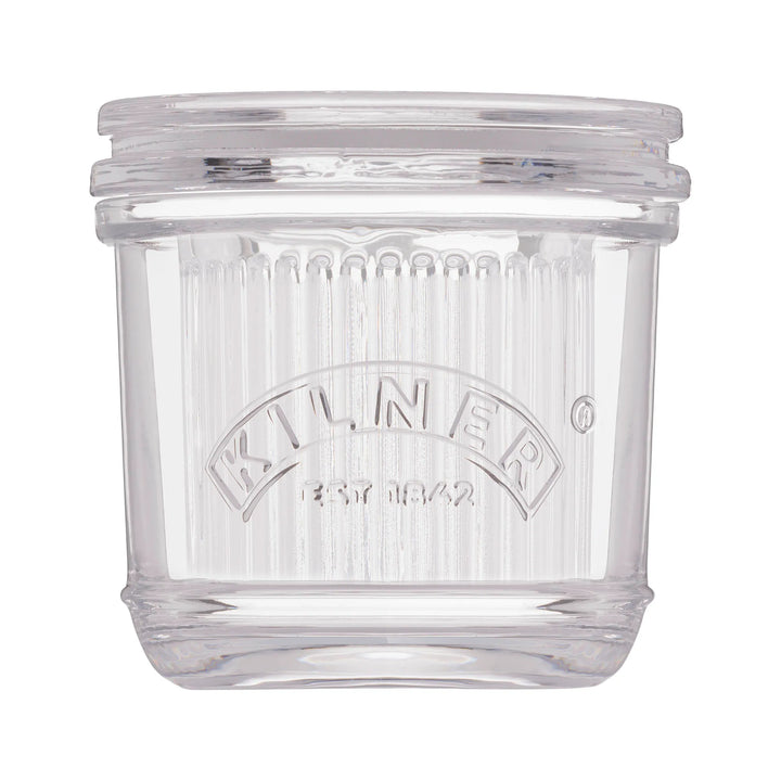 Clear glass jar with ribbed design and 'Kilner' branding on a white background
