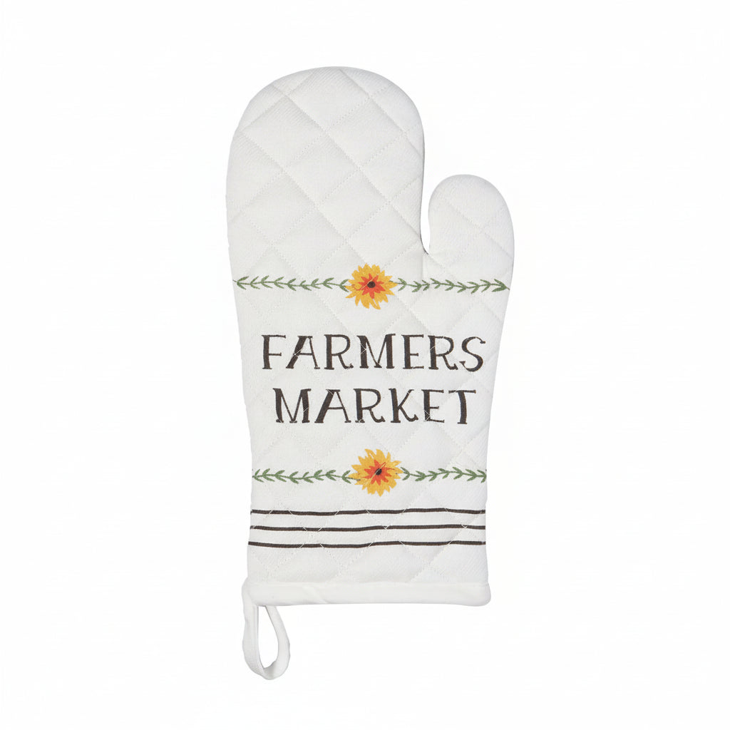 Oven mitt with 'Farmers Market' text and floral designs on a white background