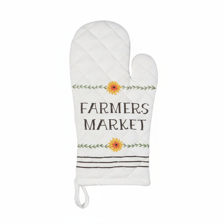 Oven mitt with 'Farmers Market' text and floral designs on a white background