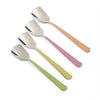 Set of four spoons with colorful handles on a white background