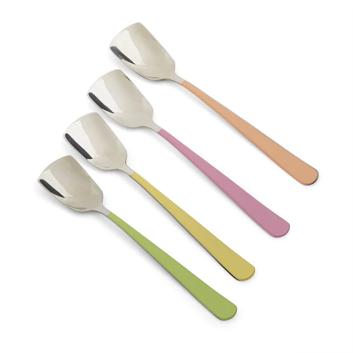 Set of four spoons with colorful handles on a white background