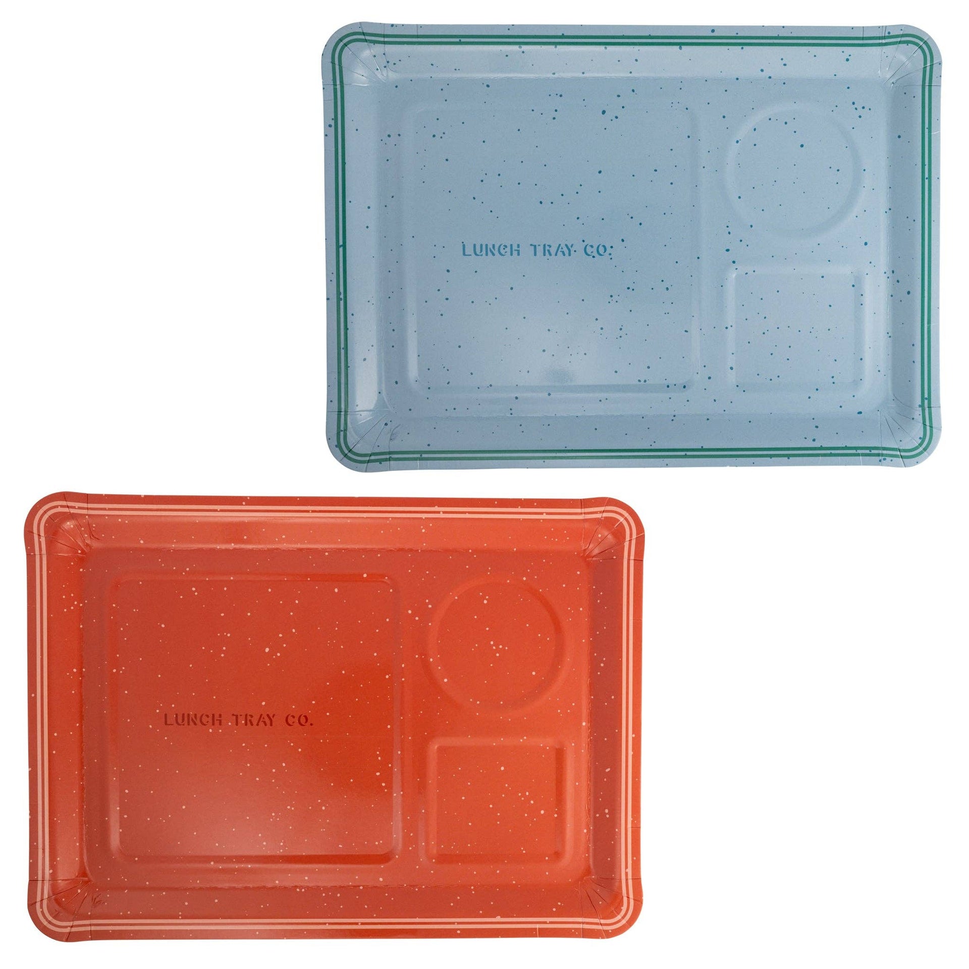 Two lunch trays, one blue and one red, with 'Lunch Tray Co.' branding on a white background.