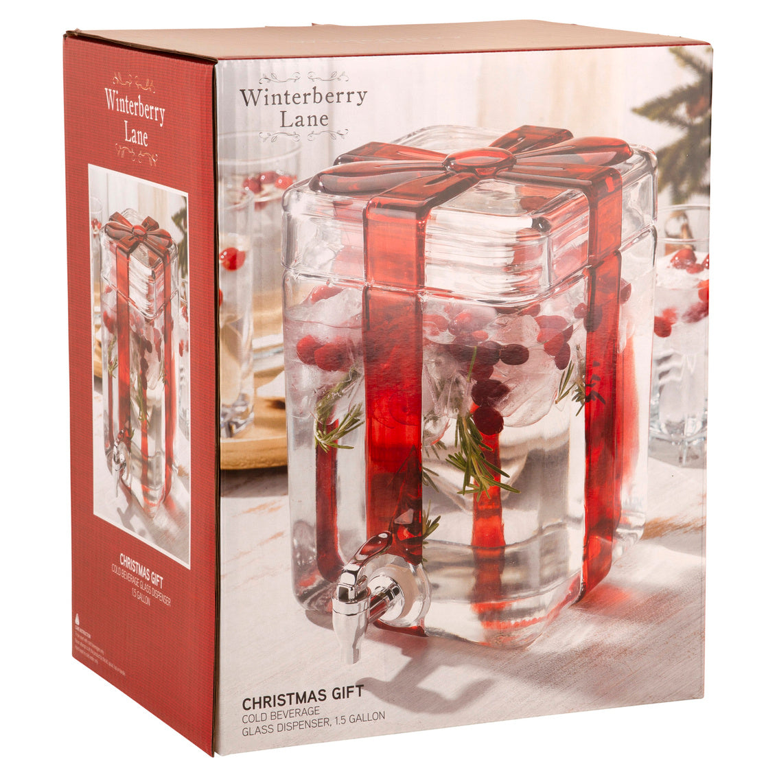 Glass beverage dispenser with red ribbon in a box