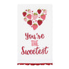 Kitchen towel with heart-shaped arrangement of strawberries with 'You're The Sweetest' text and red scalloped bottom edge on a white background.