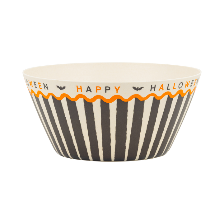 Halloween-themed bowl with striped design and text on a white background