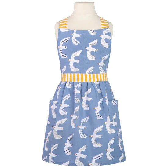 Blue apron with white seagull pattern on a mannequin against a white background