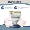 Gluten-free sourdough starter culture package with an instructional booklet on a white background