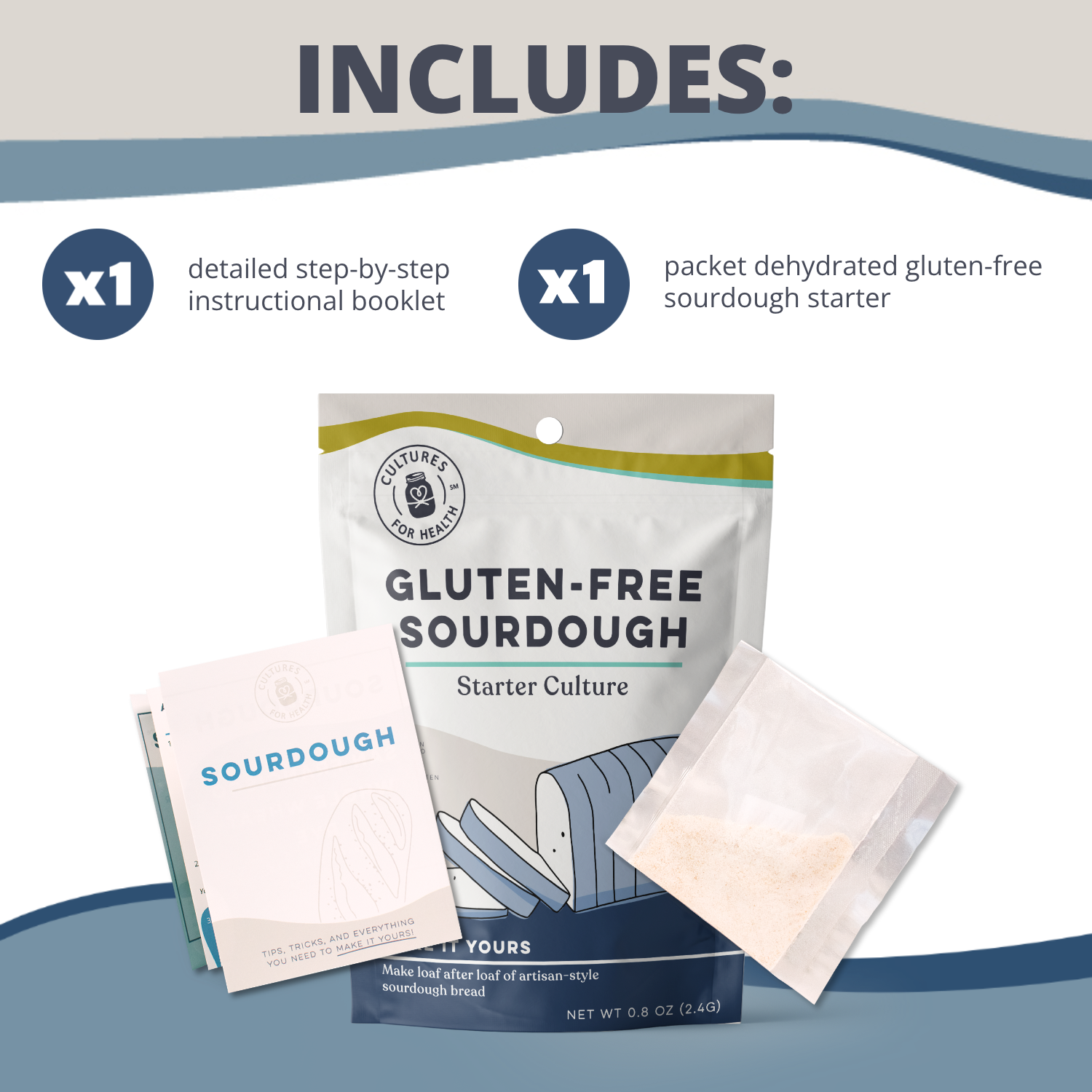 Gluten-free sourdough starter culture package with an instructional booklet on a white background