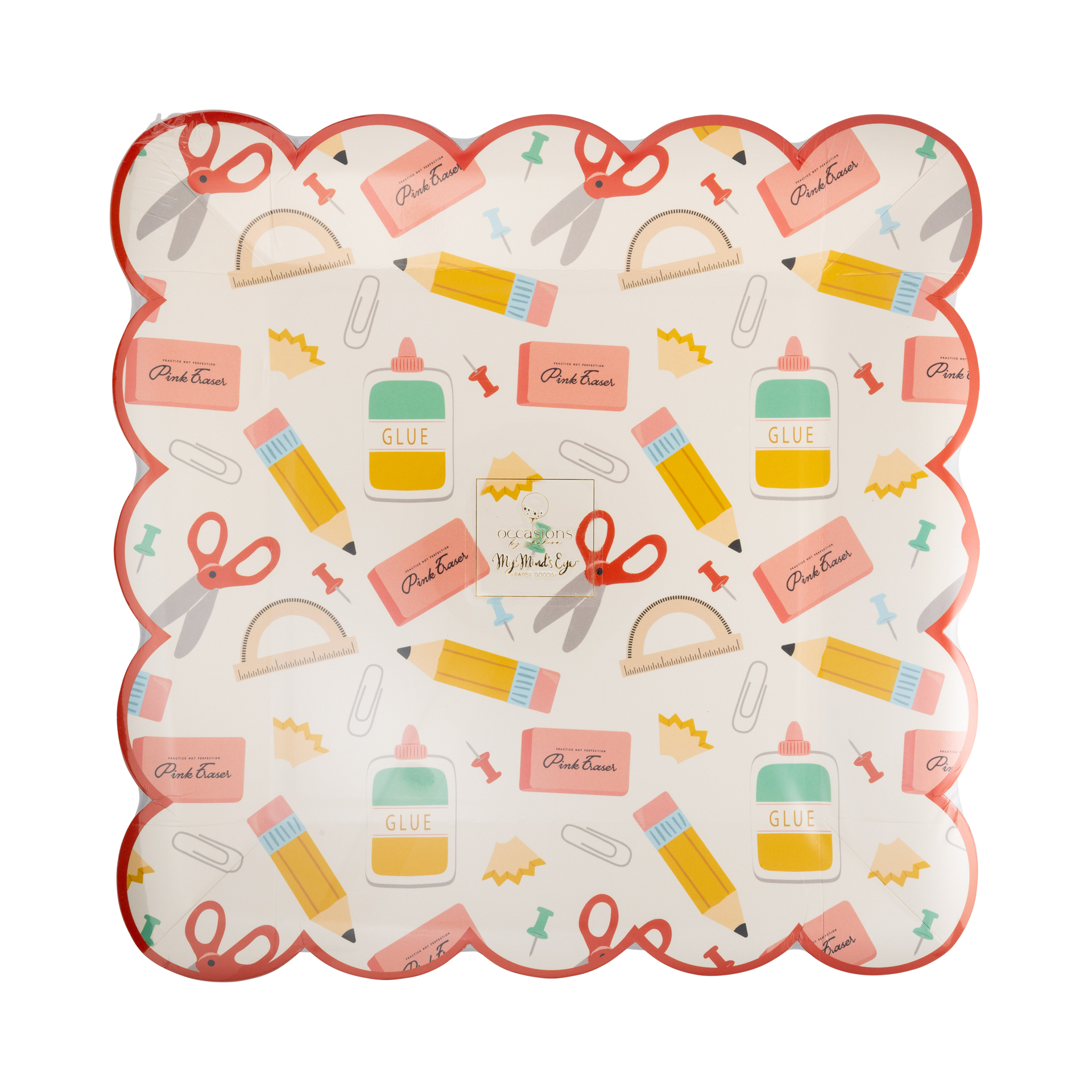 Decorative plate with stationery-themed design on a white background