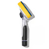 Dish cleaning wand with yellow and blue sponge and black handle on a white background