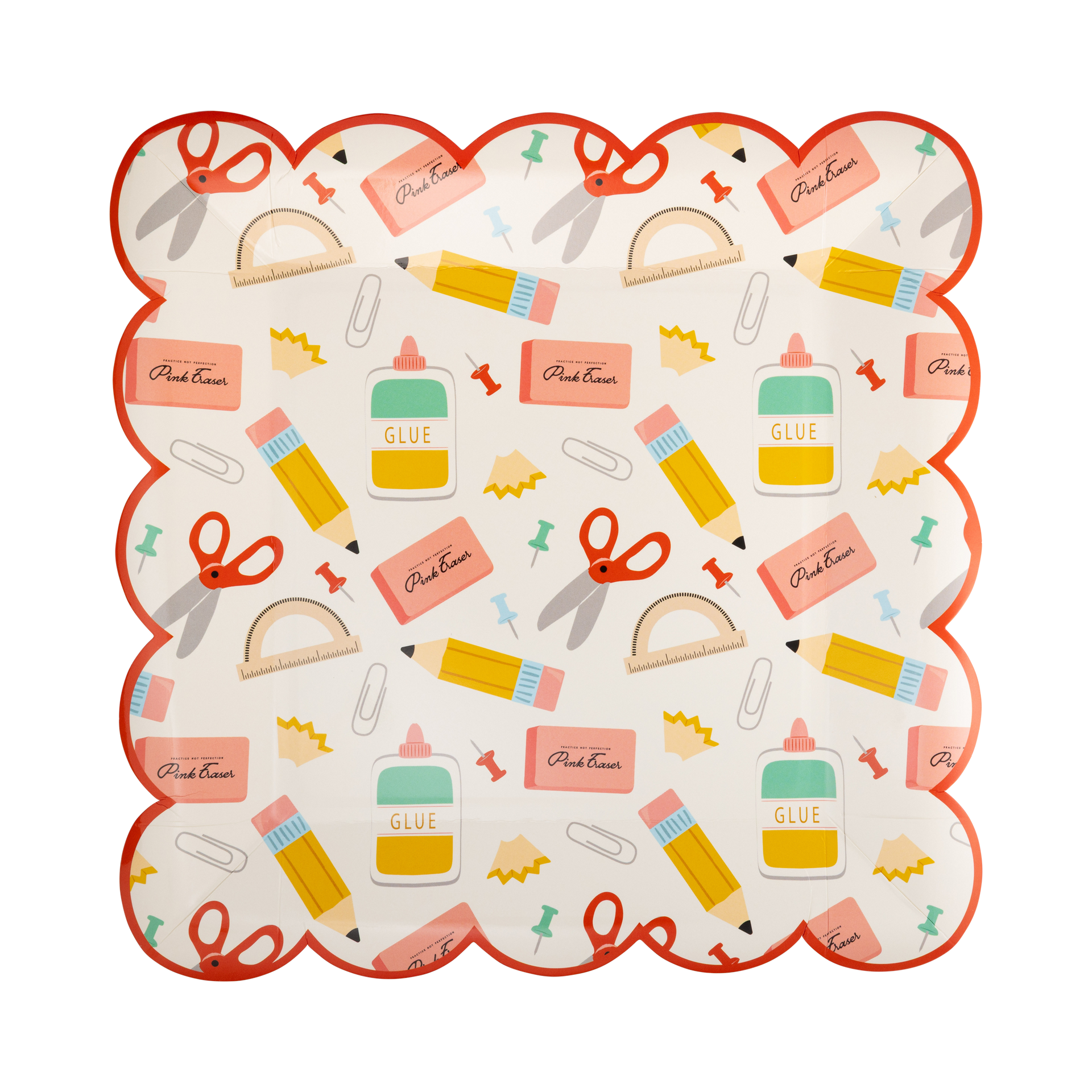 Decorative plate with stationery-themed illustrations on a white background