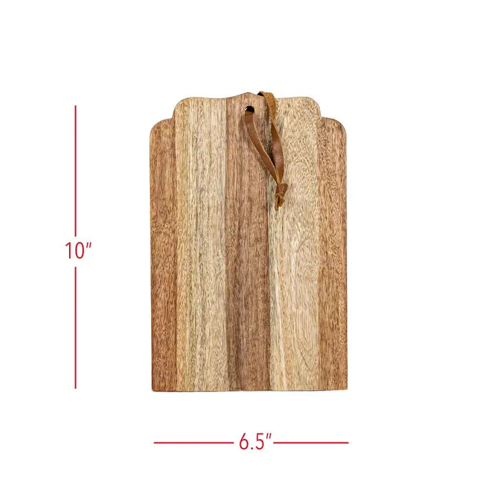 Wooden cheese board with dimensions on a white background