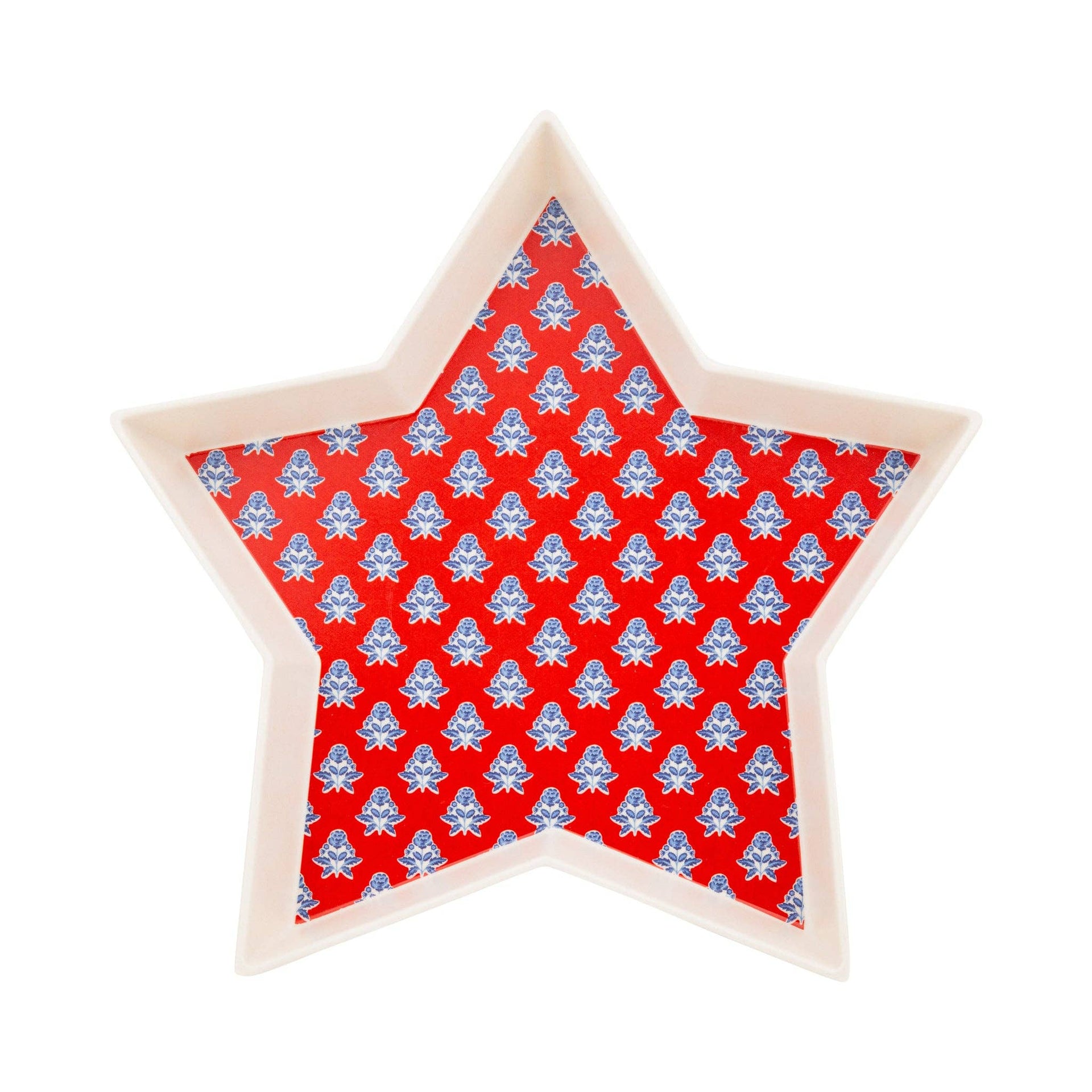 Star-shaped tray with red background and blue pattern on a white background