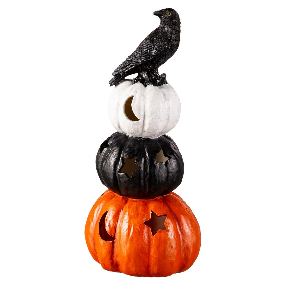 LED Resin Pumpkins with Crow Tabletop Decor