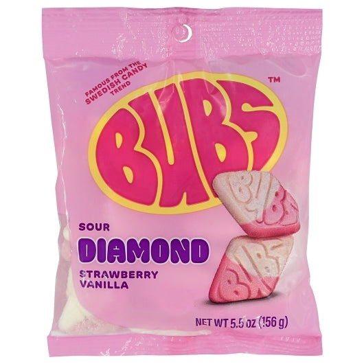 Pink package of BUBS Sour Diamond Strawberry Vanilla candy