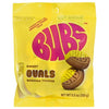 Yellow package of BUBS Sweet Ovals Banana Toffee with candy pieces on a white background