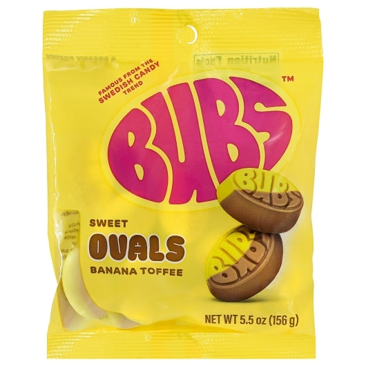 Yellow package of BUBS Sweet Ovals Banana Toffee with candy pieces on a white background