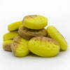 Stack of yellow and brown candies with 'Bub's' branding on a white background
