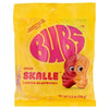 Yellow package of Bubs Sour Skalle lemon raspberry candy with a cartoon character on a white background