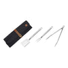 Set of barbecue tools including a spatula, fork, tongs, and a black carrying case on a white background.