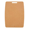 Brown cutting board with a handle on a white background