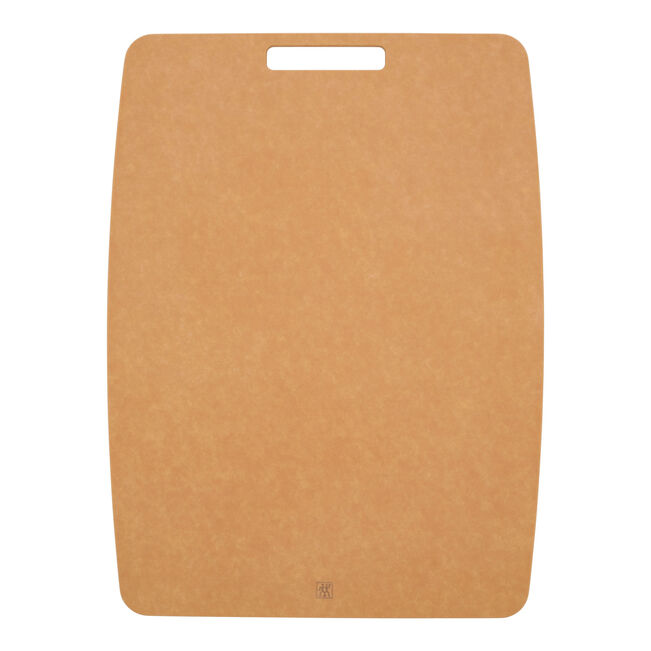 Brown cutting board with a handle on a white background