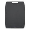 Black cutting board with a brand logo on a white background