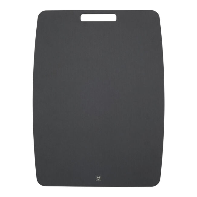 Black cutting board with a brand logo on a white background