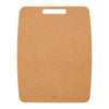 Brown cutting board with a handle on a white background