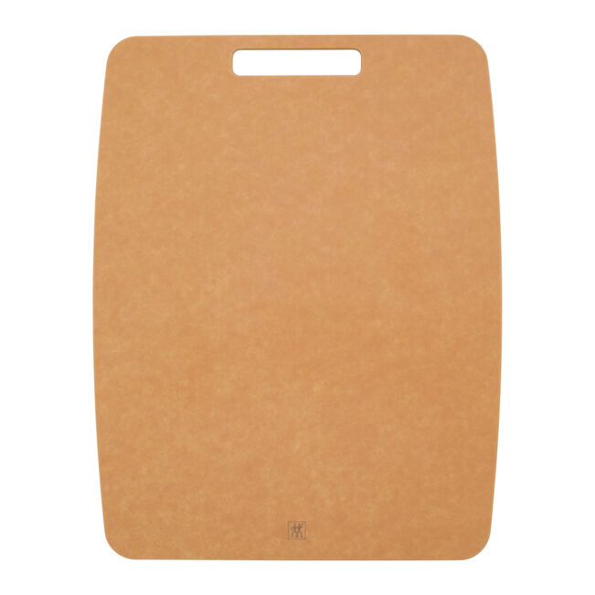 Brown cutting board with a handle on a white background