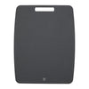 Black cutting board with a brand logo on a white background