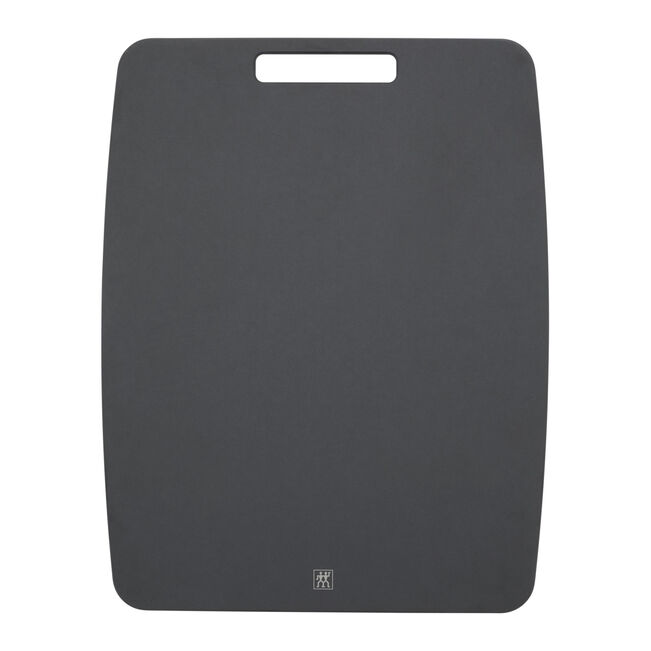 Black cutting board with a brand logo on a white background