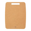 Brown cutting board with a handle on a white background