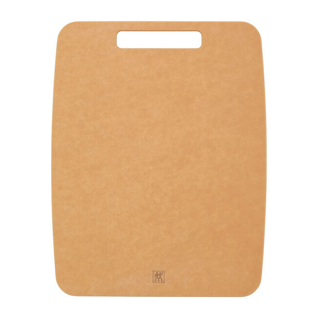 Brown cutting board with a handle on a white background