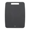Black cutting board with a brand logo on a white background