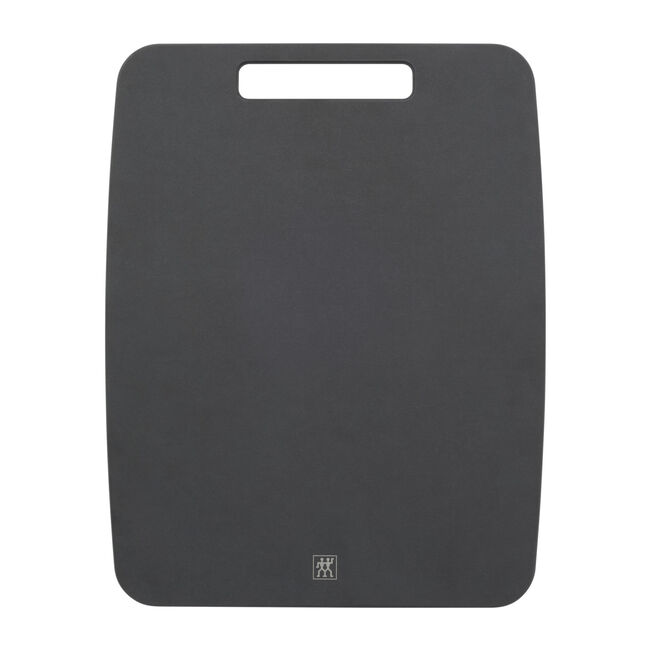 Black cutting board with a brand logo on a white background