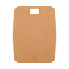 Brown cutting board with a logo on a white background